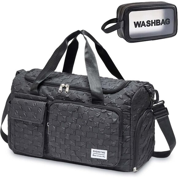 Handbags - Women Black Checkered Small Gym Carry On Weekender Travel Shoe Compartment Bag